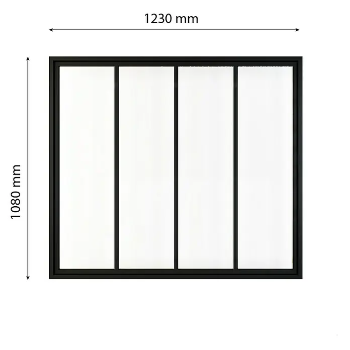 Inova Aluminiumfenster Loft Innenfenster Glas - 123 x 108 cm - Ein rechteckiger Duschabtrenner mit den Maßen 1230 mm x 1080 mm, unterteilt in vier Felder durch schwarze Streben.