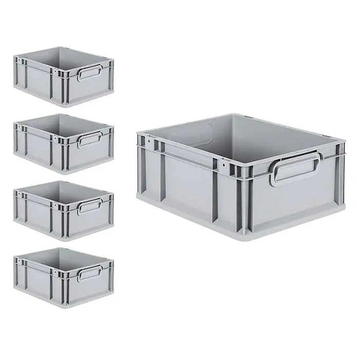 Proregal Euroboxen-Set 5x Eurobox NextGen Economy - L x B x H: 40 x 30 x 17 cm, Kunststoff, Grau, 5 Stk. - Bild von mehreren grauen Kunststoffbehältern, die sich ideal zur Aufbewahrung und Organisation von Gegenständen eignen.