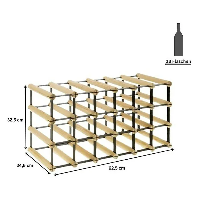 Proregal Flaschenregal Modulares Weinregal VINOTECA MOD METAL für 6x3 Flaschen - Holz - Abbildung eines Weinregals für 18 Flaschen, hergestellt aus Holz und Metall, mit den Abmessungen 62,5 x 24,5 x 32,5 cm.