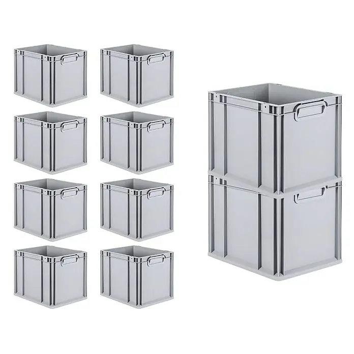 Proregal Euroboxen-Set 10x Eurobox NextGen Grip - Kunststoff, Grau, 10 Stk. - Acht graue Lagerboxen, davon zwei gestapelt, ideal für Organisation und Aufbewahrung.