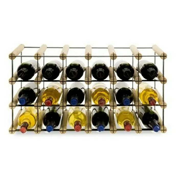Proregal Flaschenregal Modulares Weinregal VINOTECA MOD METAL für 6x3 Flaschen - Holz - Nahaufnahme eines Weinregals mit 18 Flaschen Wein, das Holz und Metall kombiniert und eine organisierte Lagerlösung bietet.