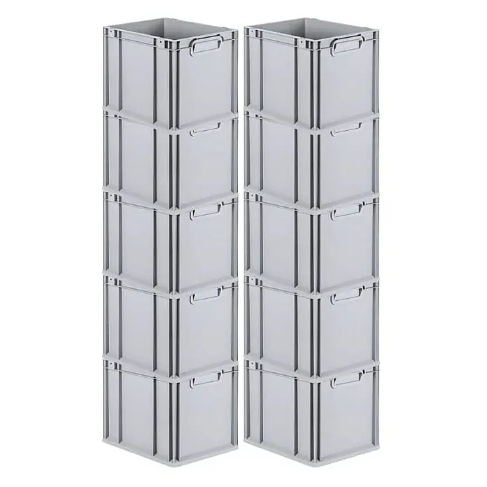 Proregal Euroboxen-Set 10x Eurobox NextGen Grip - Kunststoff, Grau, 10 Stk. - Zwei Stapel grauer Kunststoffboxen stehen nebeneinander. Die Boxen sind leer und sauber, ideal für Lagerung und Transport.