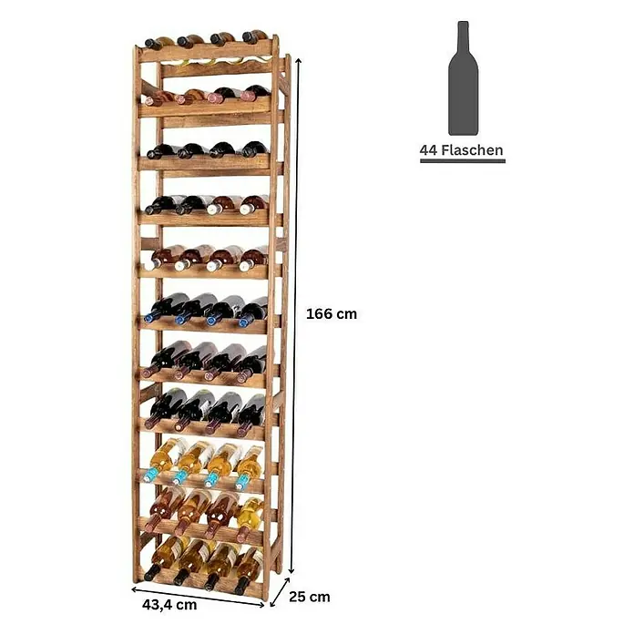 Proregal Flaschenregal Weinregal PINOTWINE für 44 Flaschen - Holz - Weinregal aus Holz für 44 Flaschen mit den Maßen 166 x 43,4 x 25 cm zur stilvollen Aufbewahrung Ihrer Weinsammlung.