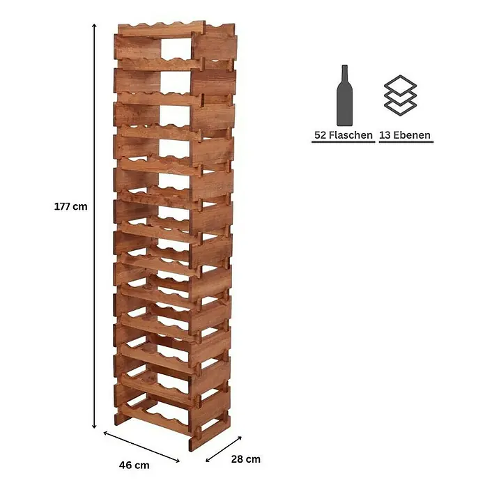 Proregal Flaschenregal Weinregal VINOTECA FLEX PRO für 52 Flaschen - L x B x H: 28 x 46 x 177 cm, Holz, Anzahl Böden: 13 Stk. - Produktbild eines stehenden Weinregals aus Holz mit den Maßen 177 cm Höhe, 46 cm Breite und 28 cm Tiefe. Es hat 13 Ebenen für 52 Flaschen.
