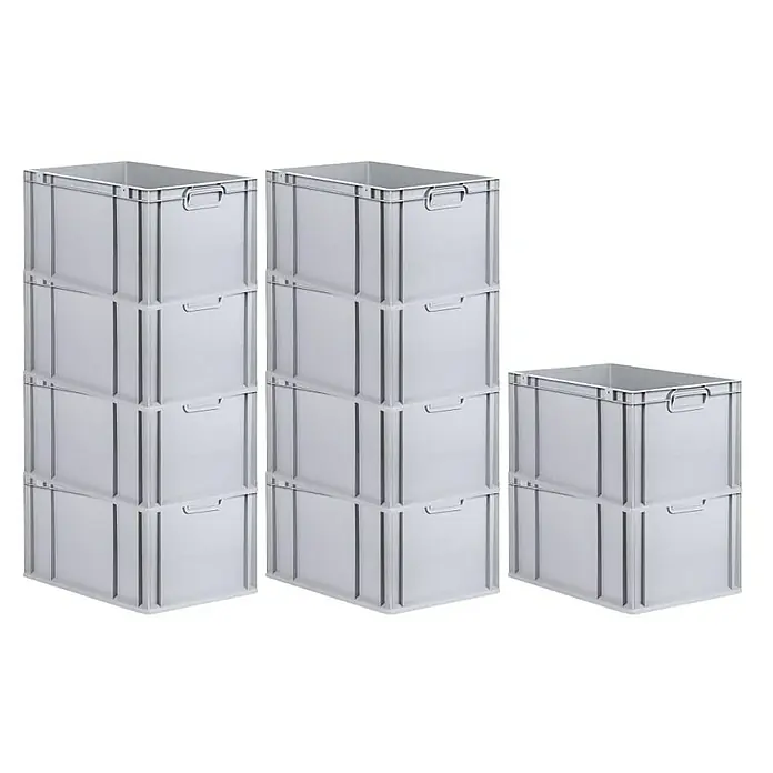 Proregal Euroboxen-Set 10x Eurobox NextGen Grip - L x B x H: 60 x 40 x 32 cm, Kunststoff, Grau, 10 Stk. - Drei Stapel grauer Kunststoffbehälter sind aufgereiht und bieten Stauraum für vielfältige Anwendungen.