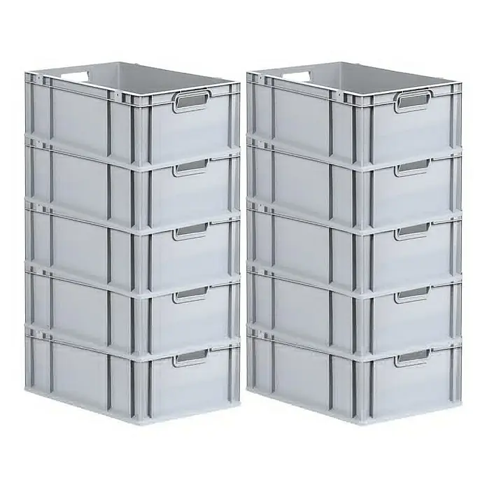 Proregal Euroboxen-Set 10x Eurobox NextGen Grip - L x B x H: 60 x 40 x 22 cm, Kunststoff, Grau, 10 Stk. - Zwei Stapel grauer Kunststoffbehälter mit Griffen, die eine praktische Aufbewahrungslösung bieten. Ideal für Ordnung und Organisation.
