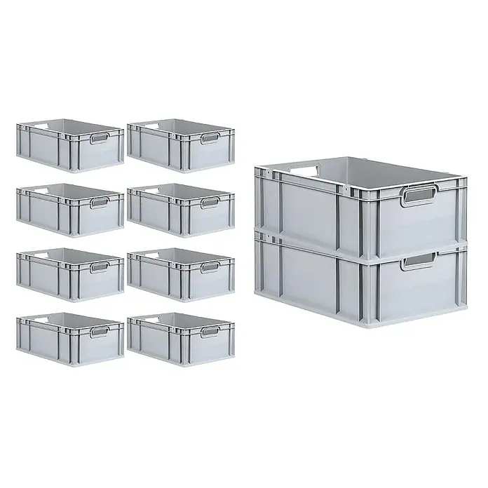 Proregal Euroboxen-Set 10x Eurobox NextGen Grip - L x B x H: 60 x 40 x 22 cm, Kunststoff, Grau, 10 Stk. - Diese Abbildung zeigt mehrere graue Lagerkisten aus Kunststoff, darunter ein Stapel aus zwei Kisten und acht einzelne.