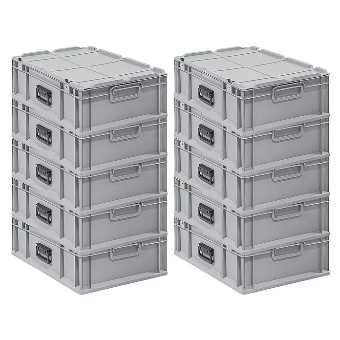 Proregal Euroboxen-Set 10x Eurobox NextGen Portable - L x B x H: 60 x 40 x 18,5 cm, Kunststoff, Grau, 10 Stk. - Zwei Stapel grauer Aufbewahrungsboxen mit Deckel und Griffen, ideal für Lagerung und Organisation.