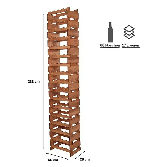 Proregal Flaschenregal Weinregal VINOTECA FLEX PRO für 68 Flaschen - L x B x H: 28 x 46 x 233 cm, Holz, Anzahl Böden: 17 Stk. - Holzfarbenes Weinregal mit 17 Ebenen, das bis zu 68 Flaschen aufnehmen kann, mit Höhen-, Breiten- und Tiefenangaben.
