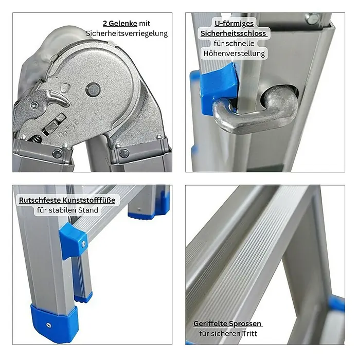 Proregal Mehrzweckleiter APOLLO 3-in-1 - Anzahl Tritte: 20 Stk., Arbeitshöhe: 6.500 mm, Belastbarkeit: 150 kg, Aluminium - Detailansichten einer Mehrzweckleiter mit Sicherheitsgelenken, U-förmigem Sicherheitsschloss, rutschfesten Füßen und geriffelten Sprossen.