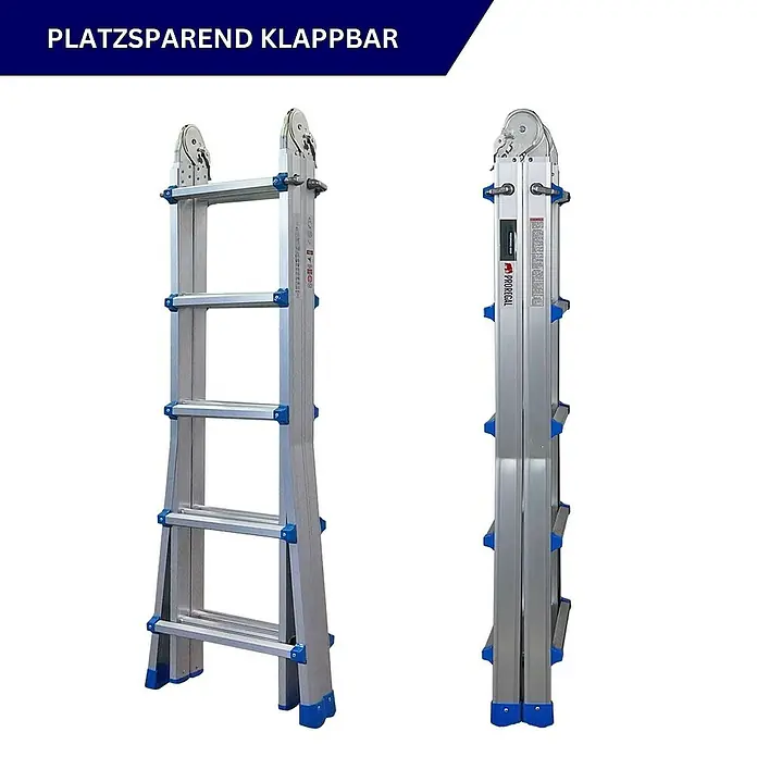 Proregal Mehrzweckleiter APOLLO 3-in-1 - Anzahl Tritte: 20 Stk., Arbeitshöhe: 6.500 mm, Belastbarkeit: 150 kg, Aluminium - Platzsparende Klapptrittleiter aus Aluminium, sowohl in ausgeklappter als auch zusammengeklappter Form dargestellt.