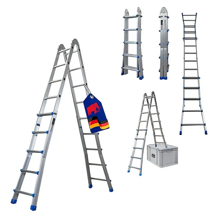 Proregal Mehrzweckleiter APOLLO 3-in-1 - Anzahl Tritte: 20 Stk., Arbeitshöhe: 6.500 mm, Belastbarkeit: 150 kg, Aluminium - Das Bild zeigt eine vielseitige Aluminium-Mehrzweckleiter in verschiedenen Konfigurationen, ideal für diverse Aufgaben im Haus und Garten.