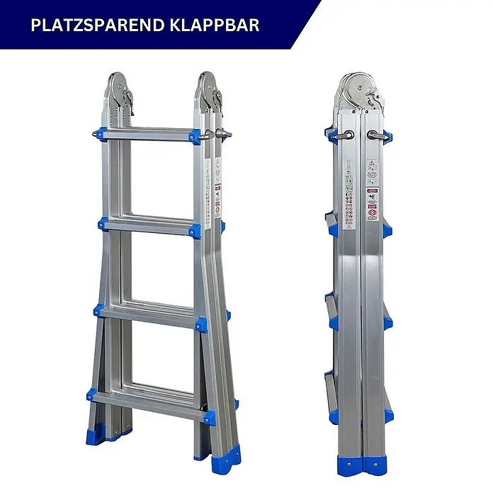 Proregal Mehrzweckleiter APOLLO 3-in-1 - Anzahl Tritte: 16 Stk., Arbeitshöhe: 5.500 mm, Belastbarkeit: 150 kg, Aluminium - Platzsparende, klappbare Mehrzweckleiter, sowohl im A-förmigen als auch im zusammengeklappten Zustand dargestellt.
