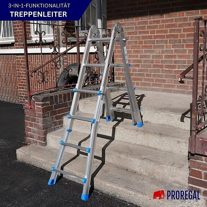 Proregal Mehrzweckleiter APOLLO 3-in-1 - Anzahl Tritte: 16 Stk., Arbeitshöhe: 5.500 mm, Belastbarkeit: 150 kg, Aluminium - Die vielseitige 3-in-1 Treppenleiter von Proregal, ideal für Arbeiten auf unebenem Untergrund, bietet maximale Flexibilität und Sicherheit.