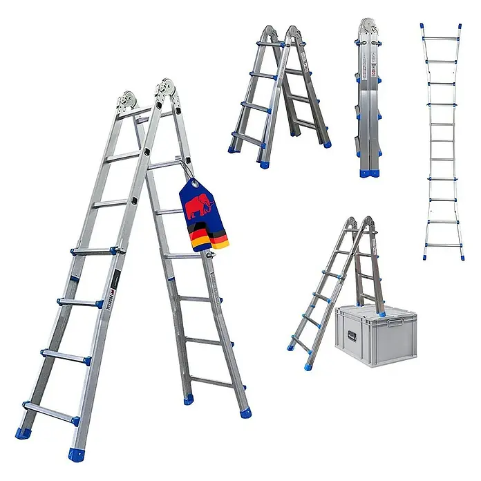 Proregal Mehrzweckleiter APOLLO 3-in-1 - Anzahl Tritte: 16 Stk., Arbeitshöhe: 5.500 mm, Belastbarkeit: 150 kg, Aluminium - Mehrzweckleiter in verschiedenen Konfigurationen mit blauen Akzenten und Werbeanhänger. Vielseitig einsetzbar für Haus und Garten.