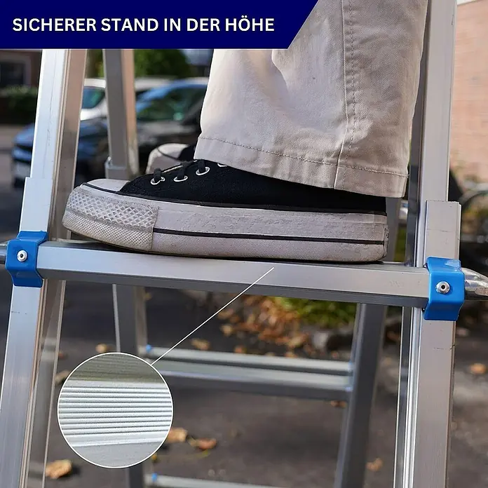 Proregal Mehrzweckleiter APOLLO 3-in-1 - Anzahl Tritte: 16 Stk., Arbeitshöhe: 5.500 mm, Belastbarkeit: 150 kg, Aluminium - Sicherer Stand in luftiger Höhe. Die Trittfläche der Leiter bietet dank Riffelung festen Halt für sicheres Arbeiten.