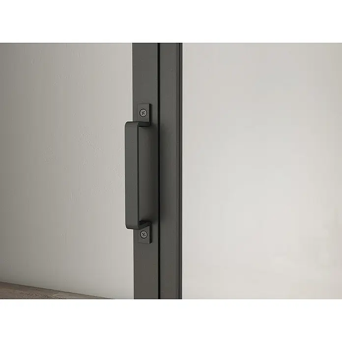 Inova Schiebetür-Komplettset Lofttür Komplettset Stahl Doppelflügelig - 1.760 x 2.035 mm - Nahaufnahme eines modernen Türgriffs aus Metall, der durch sein schlichtes Design und die markanten Schrauben ins Auge fällt.