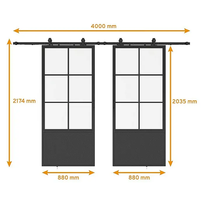 Inova Schiebetür-Komplettset Lofttür Komplettset Stahl Doppelflügelig - 1.760 x 2.035 mm - Abbildung von zwei schwarzen Schiebetüren mit Glas- und Paneelfüllung, versehen mit Maßangaben in Millimetern.
