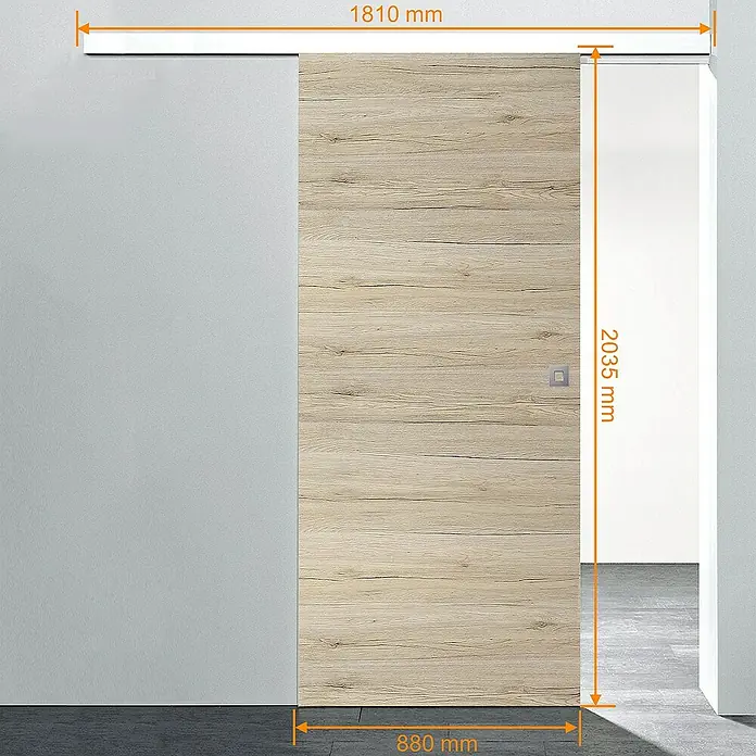 Inova Schiebetür-Komplettset Holz Komplettset Eiche San Remo mit Quadratgriff + Softclose - 880 x 2.035 mm - Die Abbildung zeigt eine Schiebetür mit Holzoptik und den Maßen 1810 x 2035 x 880 mm.
