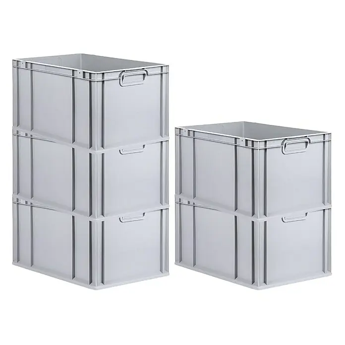 Proregal Euroboxen-Set 5x Eurobox NextGen Economy - L x B x H: 60 x 40 x 32 cm, Kunststoff, Grau, 5 Stk. - Zwei Stapel grauer Kunststoffboxen, der eine mit drei Boxen, der andere mit zwei, ideal für Lagerung und Organisation.