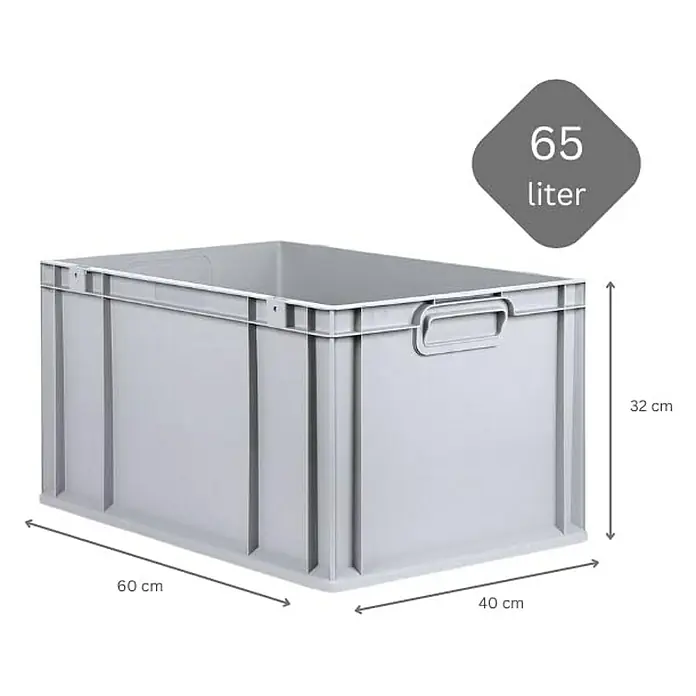 Proregal Euroboxen-Set 5x Eurobox NextGen Economy - L x B x H: 60 x 40 x 32 cm, Kunststoff, Grau, 5 Stk. - Graue 65-Liter-Kunststoffbox mit Griffen und Größenangaben.