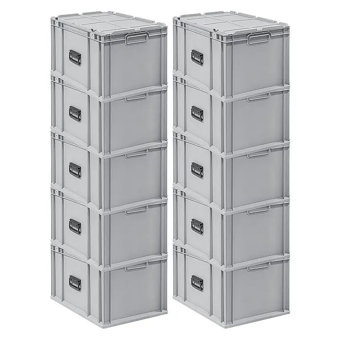 Proregal Euroboxen-Set 10x Eurobox NextGen Portable - L x B x H: 60 x 40 x 33,5 cm, Kunststoff, Grau, 10 Stk. - Zwei Stapel grauer Kunststoffboxen mit Deckel, die viel Stauraum bieten und sich ideal für die Organisation eignen.