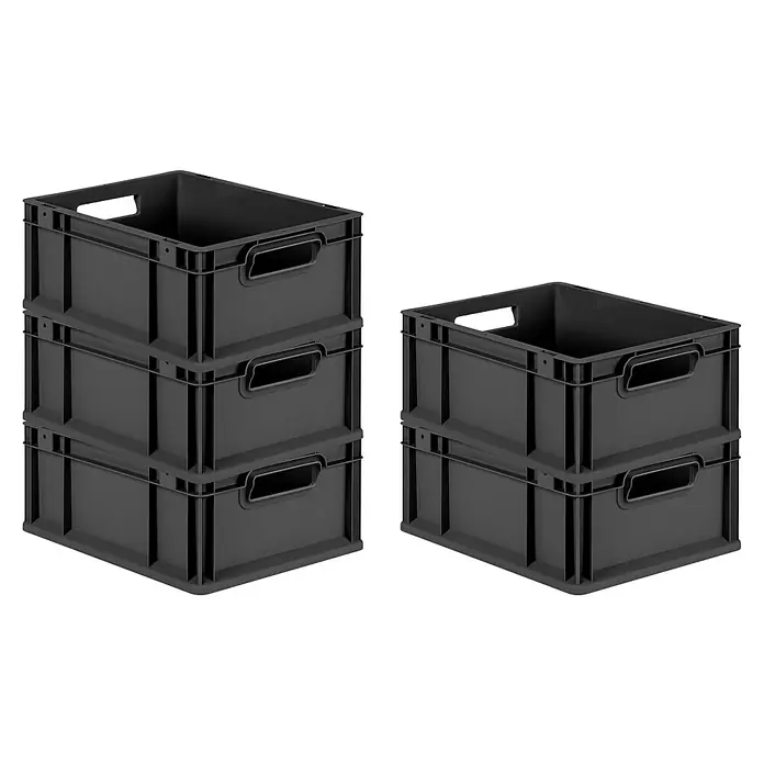 SparSet 5x Eurobox NextGen Grip | HxBxT 17x30x40cm | 16 Liter | Griffe offen | Schwarz | Eurobehälter, Transportbox, Transportbehälter, Stapelbehälter, Box -  - Bild von zwei Stapeln grauer Kunststoffbehälter. Die Boxen sind leer und stabil, ideal für Lagerung und Transport.