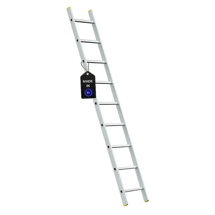 Proregal Anlegeleiter ATLAS - Anzahl Tritte: 9 Stk., Arbeitshöhe: 3.470 mm, Belastbarkeit: 150 kg, Aluminium - Silberne Haushaltsleiter mit gelben Füßen und einem "Made in EU"-Etikett. Eine robuste Leiter für sichere Höhe, ideal für den täglichen Gebrauch.