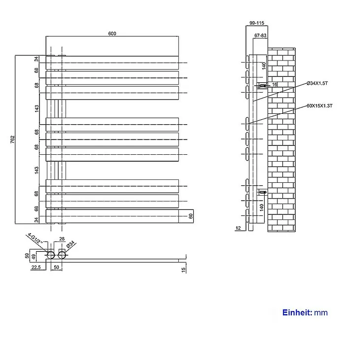 Emke Badheizkörper Flachrohr Handtuchwärmer Heatra - B x H: 60 x 76,2 cm, Anthrazit - Abbildung eines Heizkörpers mit Maßangaben für Installation und Abmessungen, einschließlich Wandabstand und Rohranschlüsse.