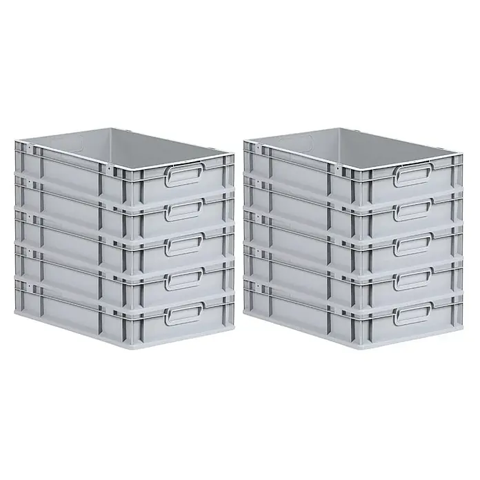 Proregal Eurobox Eurobox NextGen Grip - L x B x H: 60 x 40 x 12 cm, Kunststoff, Grau - Zwei Stapel grauer Kunststoffbehälter, die ideal für Lagerung und Organisation sind. Die Behälter sind robust und stapelbar.
