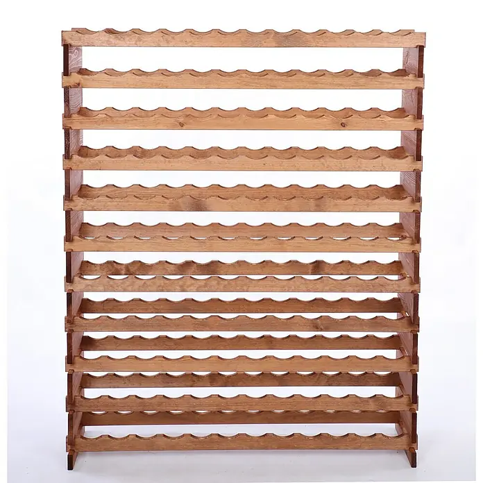 Proregal Flaschenregal Weinregal VINOTECA FLEX PRO für 132 Flaschen - L x B x H: 28 x 123 x 149 cm, Holz, Anzahl Böden: 11 Stk. - Dieses Bild zeigt ein freistehendes Weinregal aus Holz mit gewellten Regalböden, das ideal für die Lagerung von Weinflaschen geeignet ist.