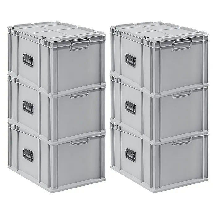 Proregal Euroboxen-Set 6x Eurobox NextGen Portable - Kunststoff, Grau, 6 Stk. - Drei übereinander gestapelte, graue Kunststoff-Euroboxen mit Deckel und Griffen. Die Boxen sind robust und praktisch für Lagerung und Transport.