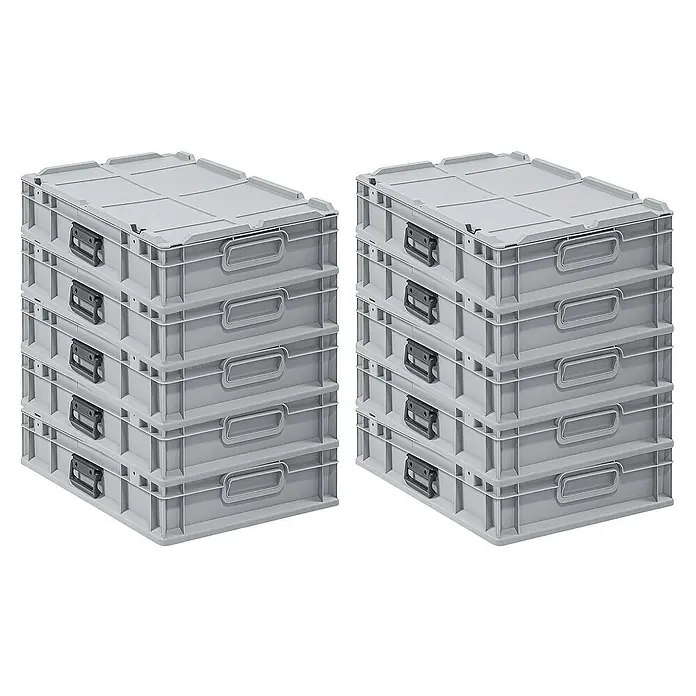 Proregal Euroboxen-Set 10x Eurobox NextGen Portable - L x B x H: 60 x 40 x 13,5 cm, Kunststoff, Grau, 10 Stk. - Zwei Stapel grauer Kunststoffboxen mit Deckel und Griffen, die für Lagerung und Organisation ideal sind.