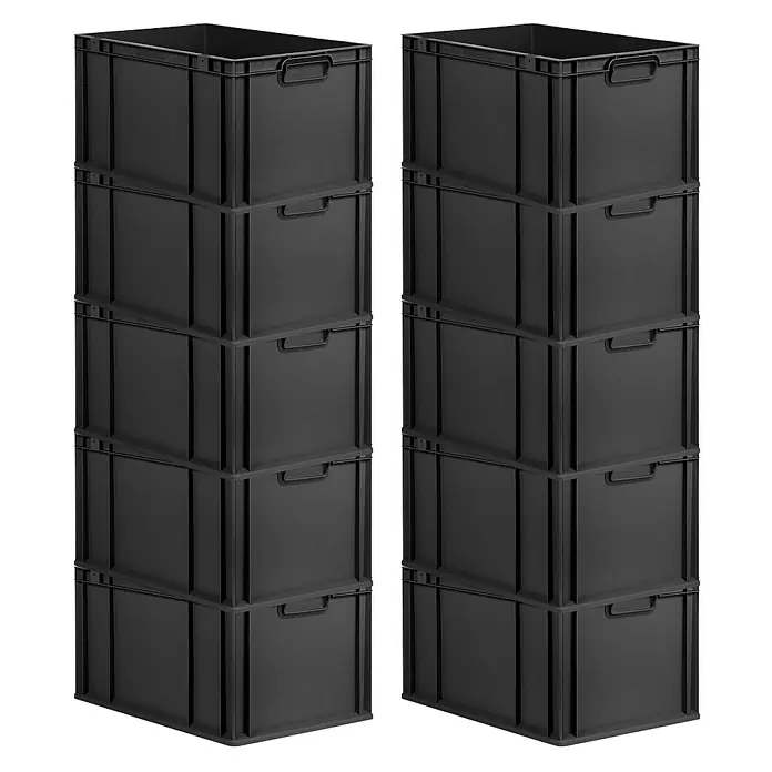 SparSet 10x Eurobox NextGen Grip | HxBxT 32x40x60cm | 65 Liter | Griffe geschlossen | Verstärkter Boden | Schwarz | Eurobehälter, Transportbox, Transportbehälter, Stapelbehälter, Box -  - Zwei Stapel schwarzer Kunststoff-Aufbewahrungsboxen mit Griffen zur praktischen Lagerung und Organisation von Gegenständen.