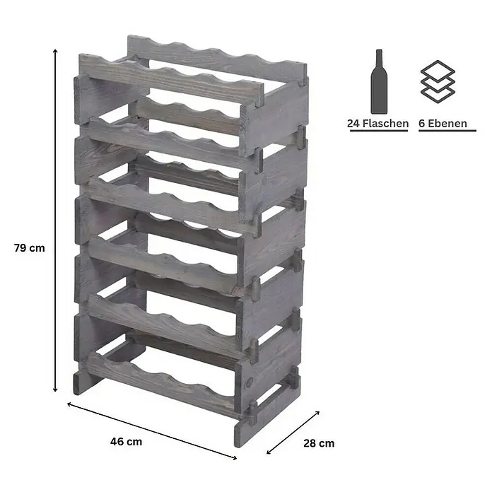 Proregal Flaschenregal Weinregal VINOTECA FLEX PRO für 24 Flaschen - L x B x H: 28 x 46 x 79 cm, Holz, Anzahl Böden: 6 Stk. - Graues Weinregal aus Holz für 24 Flaschen mit 6 Etagen. Ideal für die stilvolle Aufbewahrung von Wein.