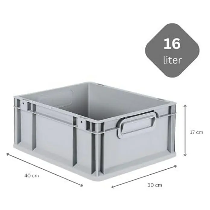 Proregal Euroboxen-Set 10x Eurobox NextGen Economy - L x B x H: 40 x 30 x 17 cm, Kunststoff, Grau, 10 Stk. - Abbildung eines grauen 16-Liter-Stapelbehälters aus Kunststoff mit den Maßen 40 x 30 x 17 cm.