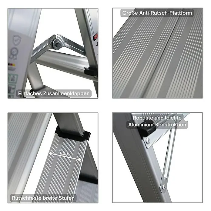 Proregal Doppel-Klapptritt APOLLO - Anzahl Tritte: 6 Stk., Arbeitshöhe: 2.000 mm, Belastbarkeit: 150 kg, Aluminium - Detaillierte Ansicht einer Aluminium-Trittleiter, die ihre einfache Klappfunktion, rutschfeste Plattform und robuste Bauweise hervorhebt.