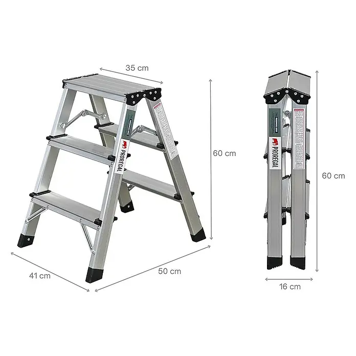 Proregal Doppel-Klapptritt APOLLO - Anzahl Tritte: 6 Stk., Arbeitshöhe: 2.000 mm, Belastbarkeit: 150 kg, Aluminium - Bild einer dreistufigen PROREGAL-Leiter in geöffnetem und geschlossenem Zustand mit Maßangaben.