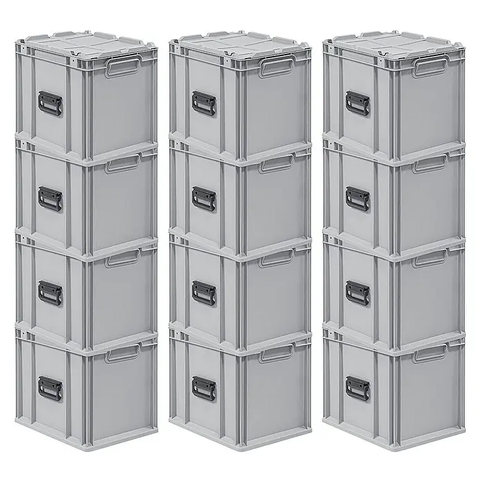 Proregal Euroboxen-Set 12x Eurobox NextGen Portable - L x B x H: 40 x 30 x 33,5 cm, Kunststoff, Grau, 12 Stk. - Ein Bild von drei Stapeln grauer Kunststoffboxen, die übereinander gestapelt sind und robuste Aufbewahrungslösungen bieten.