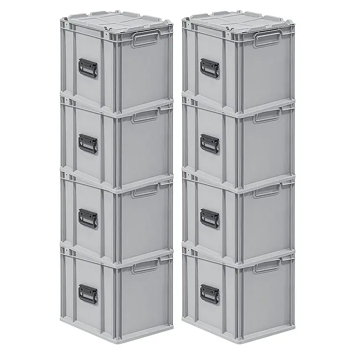 Proregal Euroboxen-Set 8x Eurobox NextGen Portable - Kunststoff, Grau, 8 Stk. - Zwei Stapel grauer Kunststoffbehälter mit praktischen Griffen, ideal für Lagerung und Organisation. Robust und vielseitig einsetzbar.