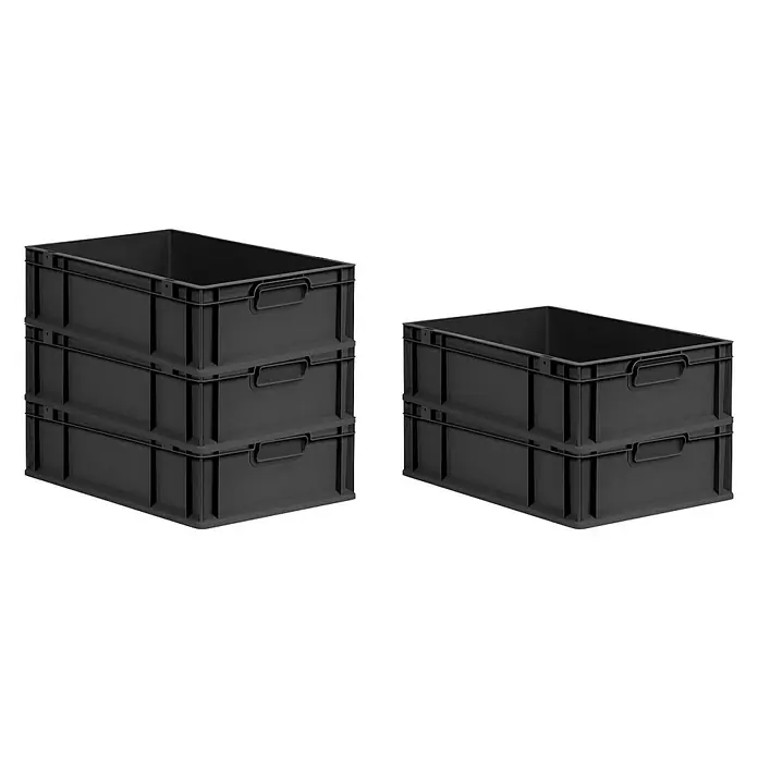 Proregal Euroboxen-Set 5x Eurobox NextGen Grip - L x B x H: 60 x 40 x 17 cm, Kunststoff, Schwarz, 5 Stk. - Drei schwarze Kunststoffbehälter sind gestapelt, daneben stehen zwei Behälter. Robuste Aufbewahrung für Lager und Transport.