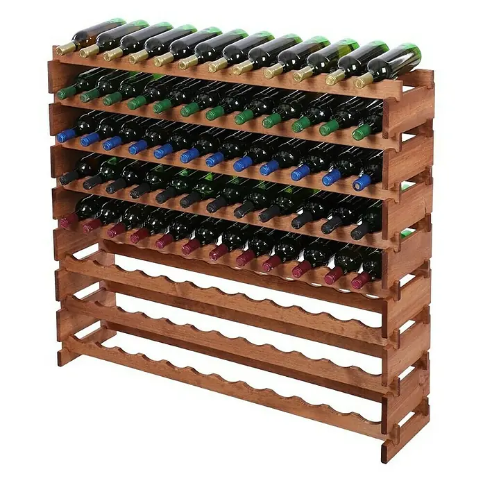 Proregal Flaschenregal Weinregal VINOTECA FLEX PRO für 96 Flaschen - L x B x H: 28 x 123 x 107 cm, Holz, Anzahl Böden: 8 Stk. - Ein volles, freistehendes Weinregal aus Holz mit mehreren Reihen und zahlreichen Weinflaschen.