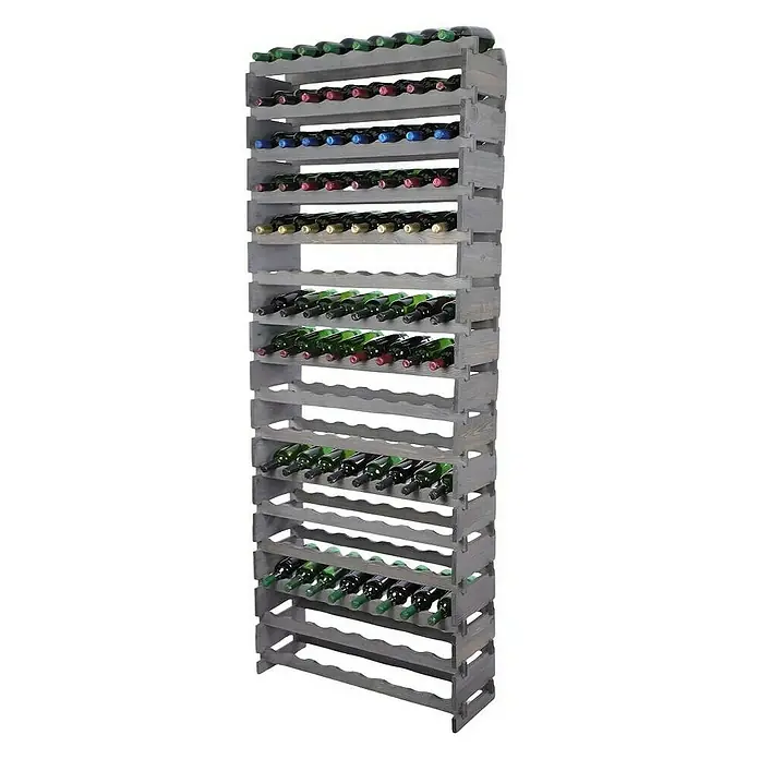 Proregal Flaschenregal Weinregal VINOTECA FLEX PRO für 128 Flaschen - L x B x H: 28 x 84 x 219 cm, Holz, Anzahl Böden: 16 Stk. - Aufnahme eines Weinflaschenregals aus Holz, das mit mehreren Weinflaschen gefüllt ist und eine stilvolle Aufbewahrungsmöglichkeit bietet.