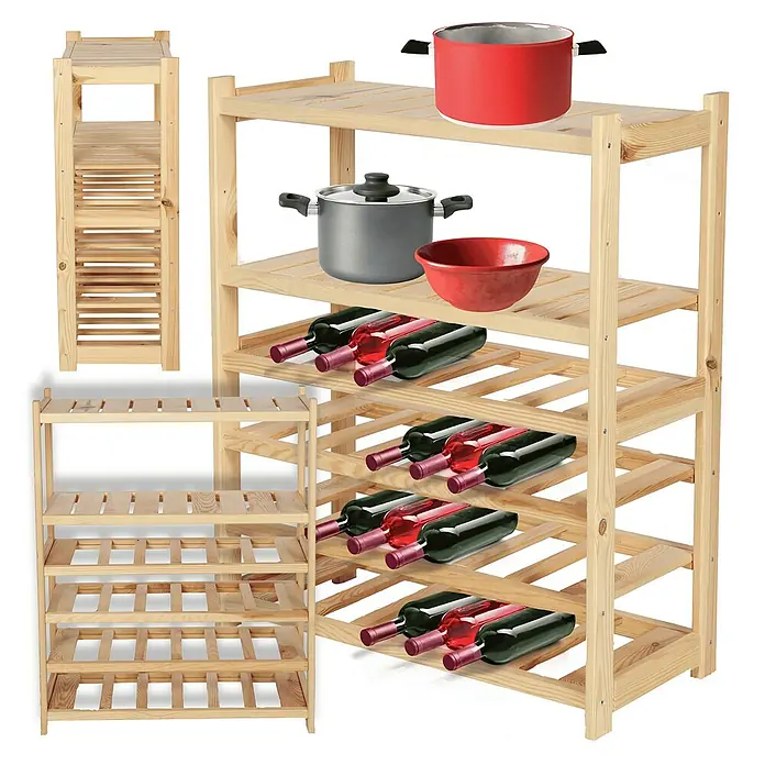 Proregal Flaschenregal Weinregal SPREEWALD für 24 Flaschen - L x B x H: 33 x 70 x 86 cm, Holz - Holzregal mit Küchenutensilien und Wein. Das Regal bietet Stauraum für Töpfe, Schüsseln und Wein auf vier Ebenen. Praktisch und dekorativ.