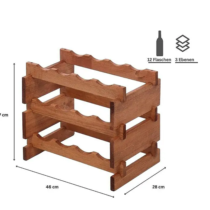 Proregal Flaschenregal Weinregal VINOTECA FLEX PRO für 12 Flaschen - L x B x H: 28 x 46 x 37 cm, Holz, Anzahl Böden: 3 Stk. - Holz-Weinregal für 12 Flaschen. Das Weinregal hat 3 Ebenen und ist 47 cm hoch, 46 cm breit und 28 cm tief.
