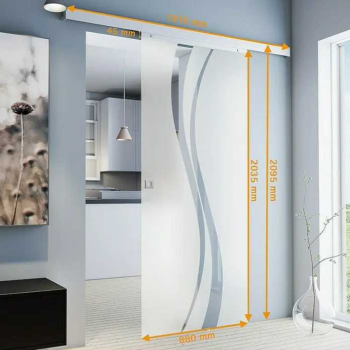 Inova Schiebetür-Komplettset Glas Komplettset wellenförmig mit Quadratgriff - 880 x 2.035 mm - Schiebetür mit den Maßen 2035 mm Höhe und 880 mm Breite, sowie Details zur Montage und Führung.