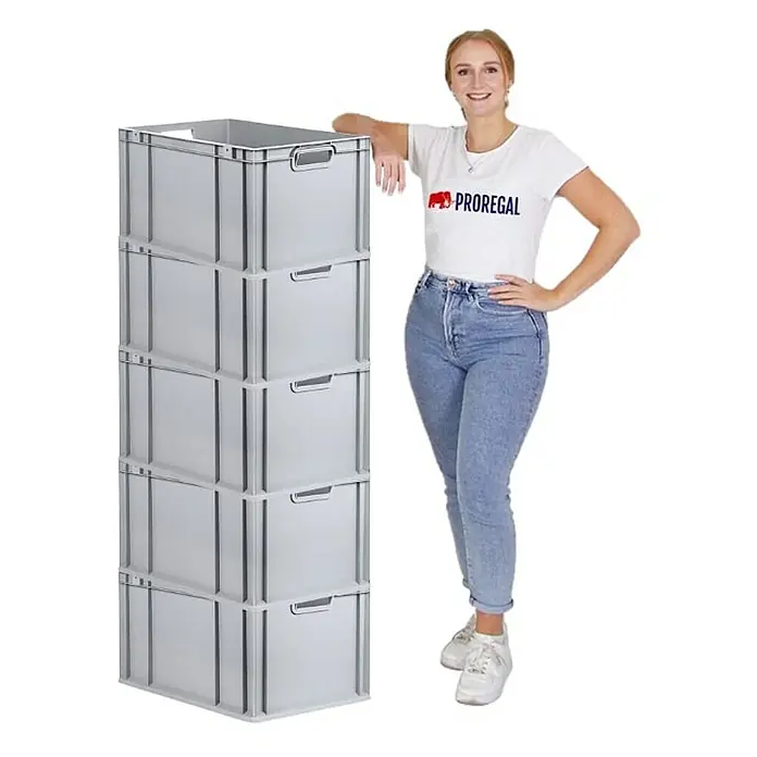 Proregal Euroboxen-Set 5x Eurobox NextGen Economy - Kunststoff, Grau, 5 Stk. - Fünf graue Lagerboxen sind zu sehen. Sie sind aus Kunststoff und robust. Sie stapeln sich zu einem Regal. Daneben steht eine Frau und lächelt.