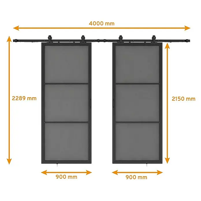 Inova Schiebetür-Komplettset Lofttür Komplettset Stahl Doppelflügelig - 1.800 x 2.150 mm - Bild mit zwei schwarzen Schiebetüren mit den Maßen 2289 x 900 mm bzw. 2150 x 900 mm und einer Laufschiene von 4000 mm.