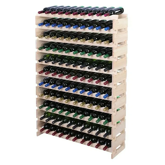 Proregal Flaschenregal Weinregal VINOTECA FLEX PRO für 110 Flaschen - L x B x H: 28 x 103 x 149 cm, Holz - Weinflaschenregal aus hellem Holz, gefüllt mit Weinflaschen mit farbigen Kapseln, bietet stilvolle Lagerung und Präsentation für Weinliebhaber.