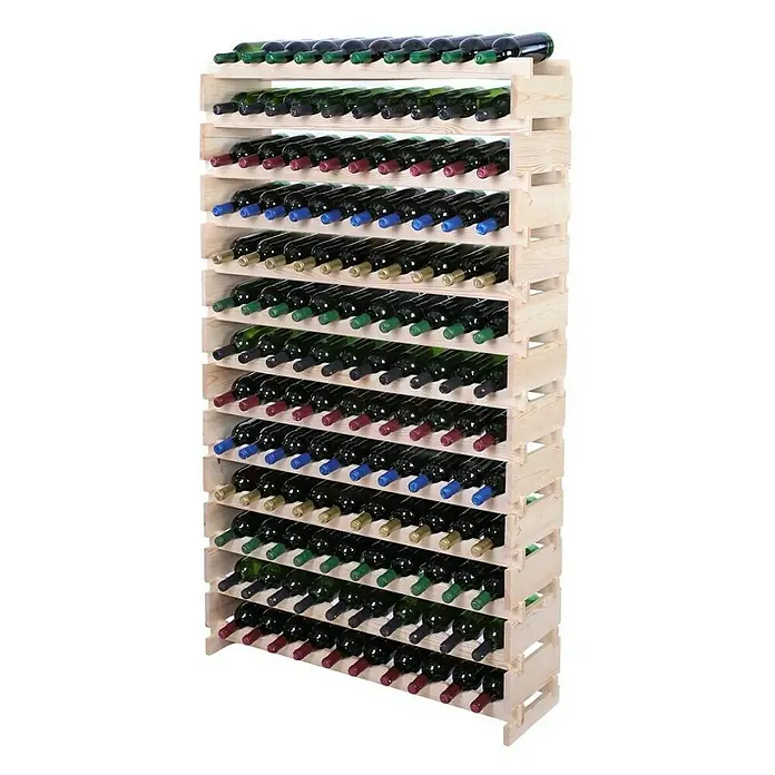 Proregal Flaschenregal Weinregal VINOTECA FLEX PRO für 130 Flaschen - L x B x H: 28 x 103 x 177 cm, Holz - Ein großes Weinregal aus Holz, voll mit Weinflaschen in verschiedenen Farben, die waagerecht gelagert werden.
